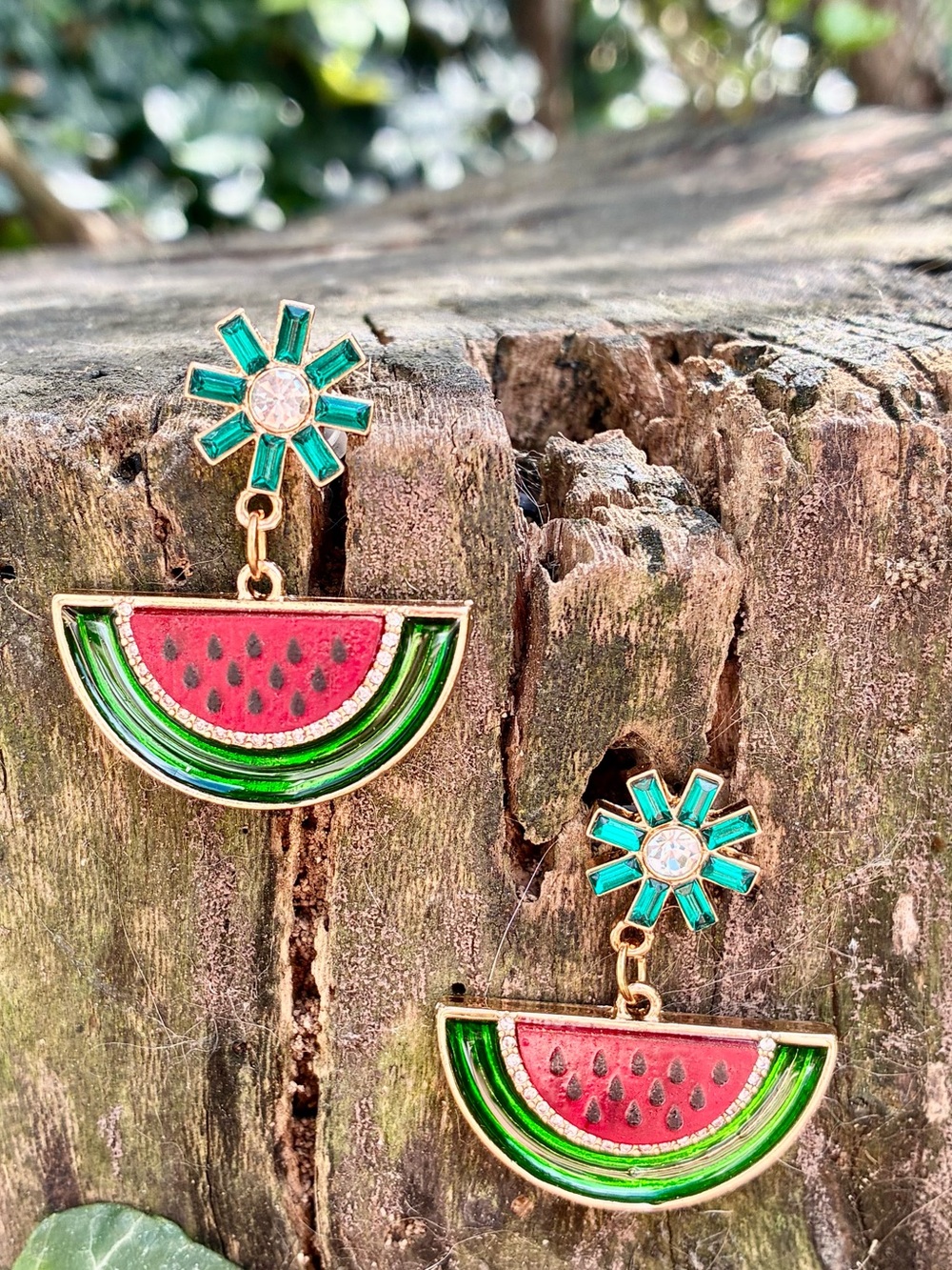 🍉 Gold-Tone Watermelon Drop Earrings with CZ and Green and Pink Enamel